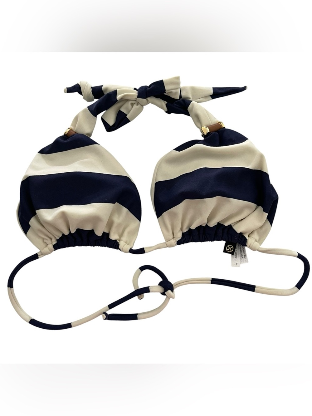 ViX Paula Hermanny Bikini Top Large Navy Ivory Stripe Halter Gold Hardware